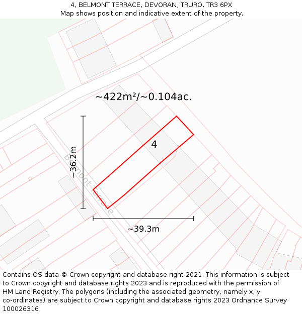 4, BELMONT TERRACE, DEVORAN, TRURO, TR3 6PX: Plot and title map