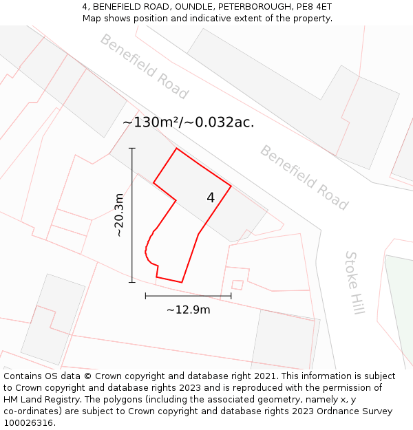 4, BENEFIELD ROAD, OUNDLE, PETERBOROUGH, PE8 4ET: Plot and title map