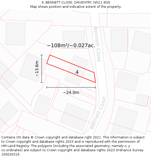4, BENNETT CLOSE, DAVENTRY, NN11 9NS: Plot and title map
