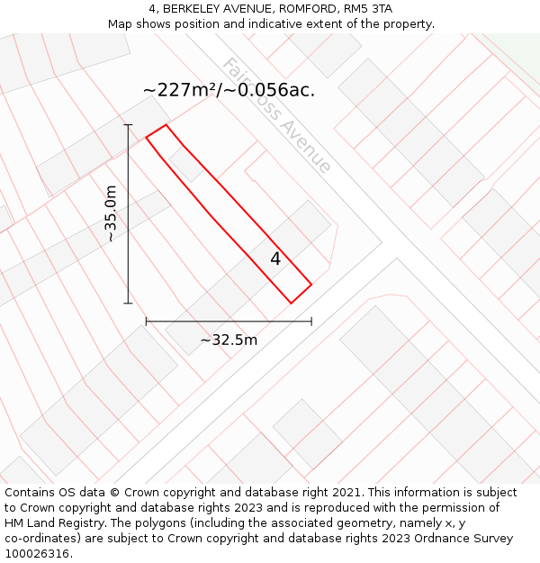 4, BERKELEY AVENUE, ROMFORD, RM5 3TA: Plot and title map