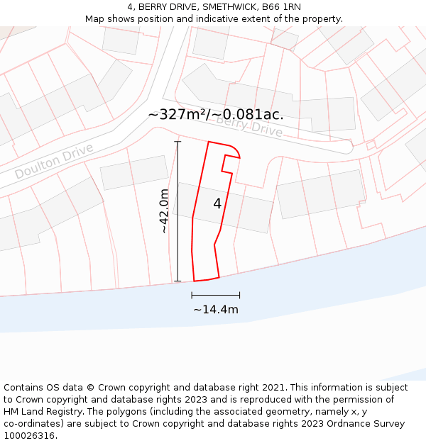 4, BERRY DRIVE, SMETHWICK, B66 1RN: Plot and title map