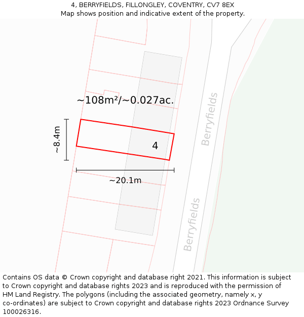4, BERRYFIELDS, FILLONGLEY, COVENTRY, CV7 8EX: Plot and title map