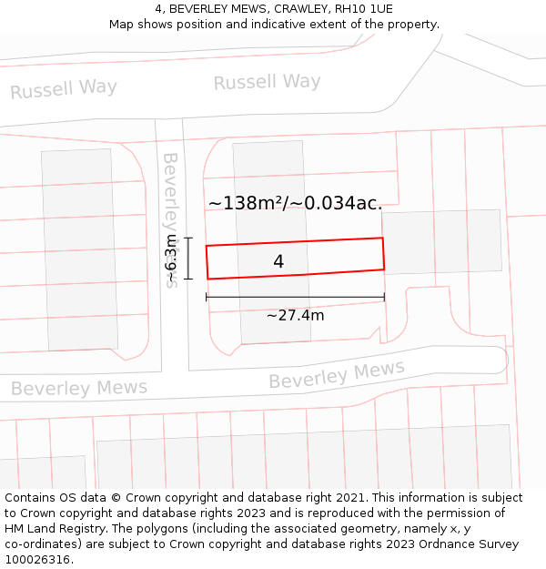 4, BEVERLEY MEWS, CRAWLEY, RH10 1UE: Plot and title map