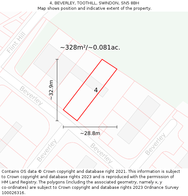4, BEVERLEY, TOOTHILL, SWINDON, SN5 8BH: Plot and title map