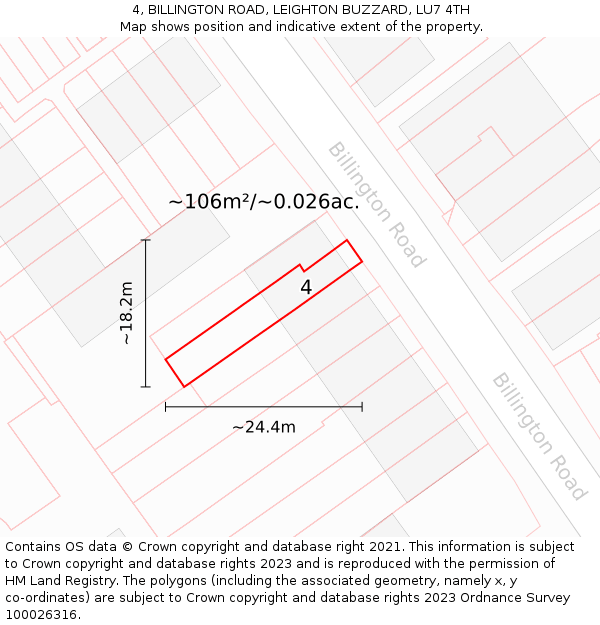 4, BILLINGTON ROAD, LEIGHTON BUZZARD, LU7 4TH: Plot and title map