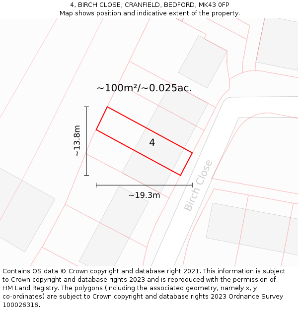 4, BIRCH CLOSE, CRANFIELD, BEDFORD, MK43 0FP: Plot and title map