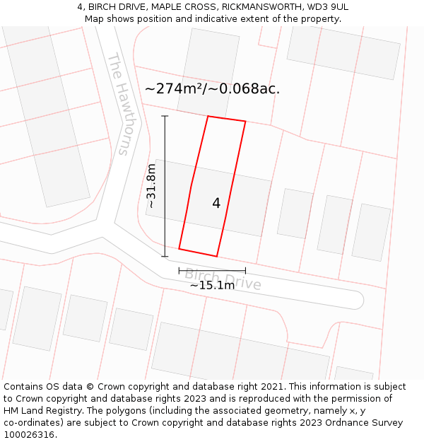 4, BIRCH DRIVE, MAPLE CROSS, RICKMANSWORTH, WD3 9UL: Plot and title map
