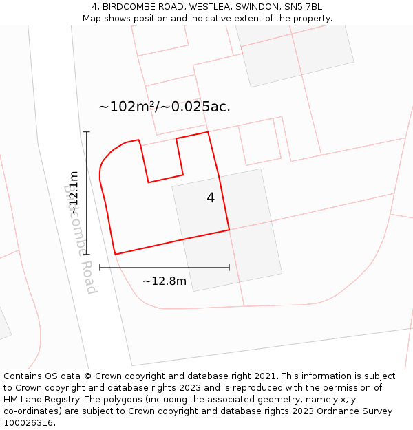4, BIRDCOMBE ROAD, WESTLEA, SWINDON, SN5 7BL: Plot and title map