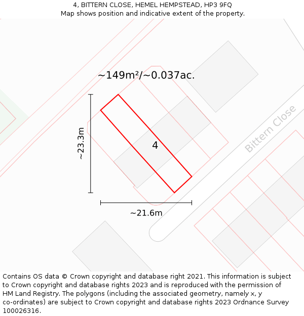 4, BITTERN CLOSE, HEMEL HEMPSTEAD, HP3 9FQ: Plot and title map