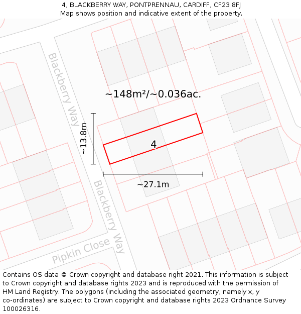 4, BLACKBERRY WAY, PONTPRENNAU, CARDIFF, CF23 8FJ: Plot and title map