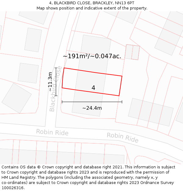 4, BLACKBIRD CLOSE, BRACKLEY, NN13 6PT: Plot and title map