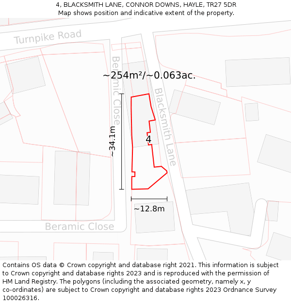 4, BLACKSMITH LANE, CONNOR DOWNS, HAYLE, TR27 5DR: Plot and title map