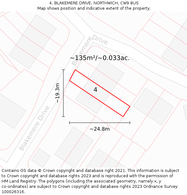 4, BLAKEMERE DRIVE, NORTHWICH, CW9 8US: Plot and title map