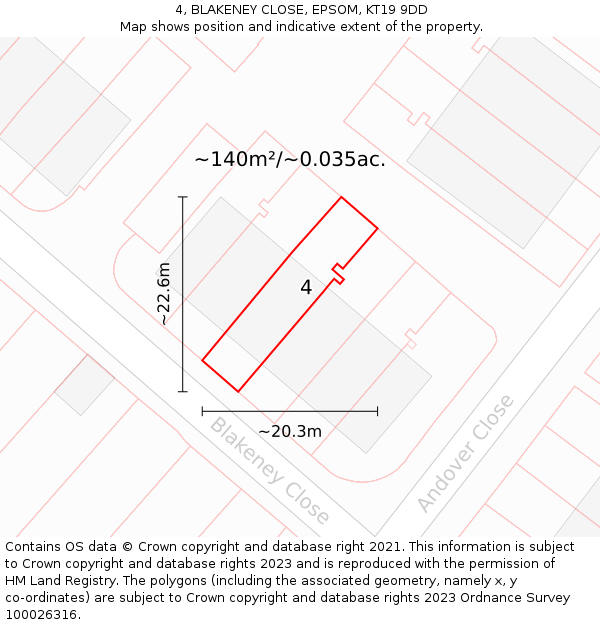 4, BLAKENEY CLOSE, EPSOM, KT19 9DD: Plot and title map