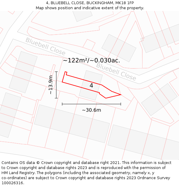 4, BLUEBELL CLOSE, BUCKINGHAM, MK18 1FP: Plot and title map