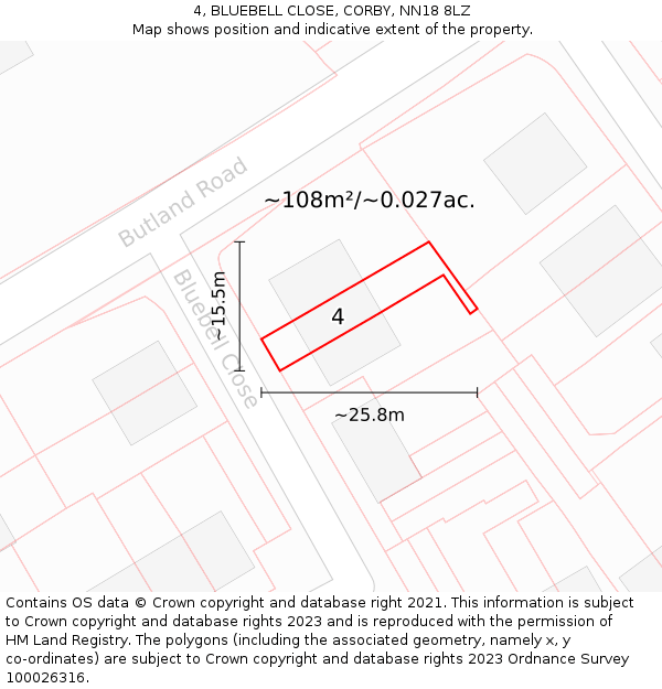 4, BLUEBELL CLOSE, CORBY, NN18 8LZ: Plot and title map