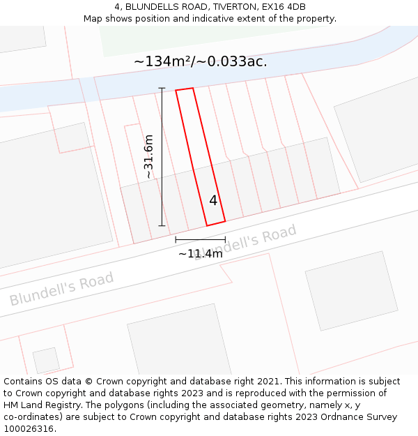4, BLUNDELLS ROAD, TIVERTON, EX16 4DB: Plot and title map