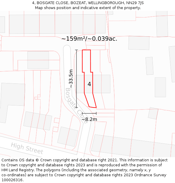 4, BOSGATE CLOSE, BOZEAT, WELLINGBOROUGH, NN29 7JS: Plot and title map