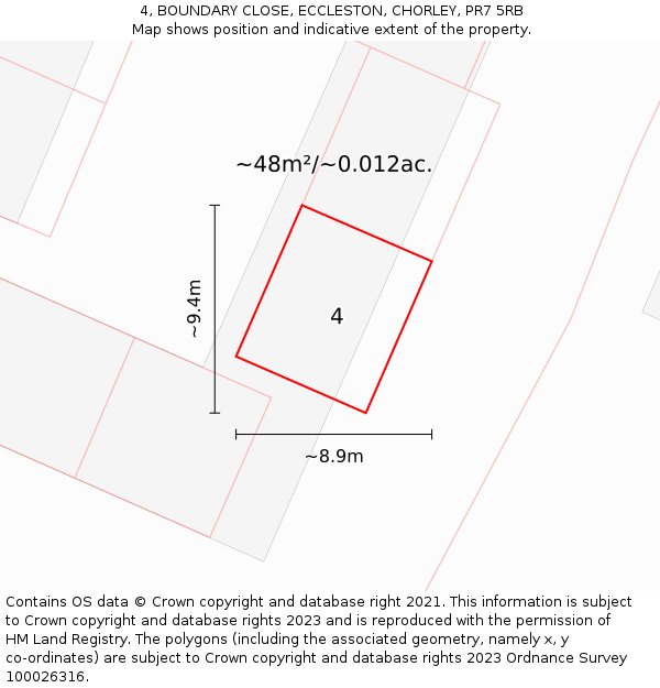 4, BOUNDARY CLOSE, ECCLESTON, CHORLEY, PR7 5RB: Plot and title map