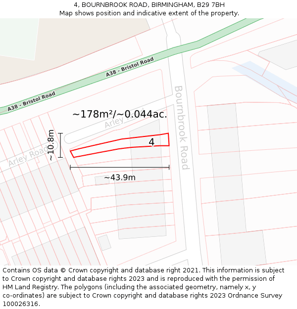 4, BOURNBROOK ROAD, BIRMINGHAM, B29 7BH: Plot and title map