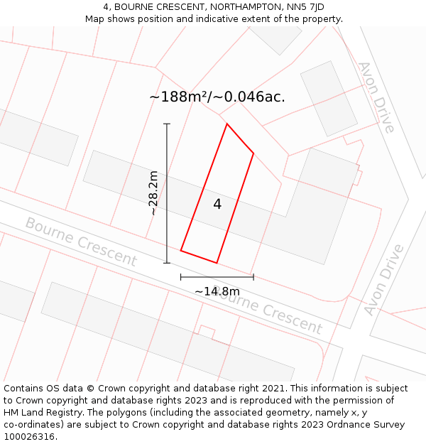 4, BOURNE CRESCENT, NORTHAMPTON, NN5 7JD: Plot and title map