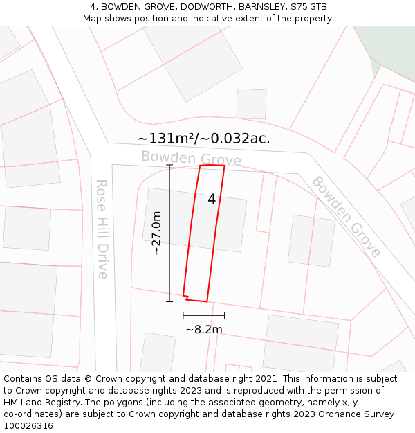 4, BOWDEN GROVE, DODWORTH, BARNSLEY, S75 3TB: Plot and title map