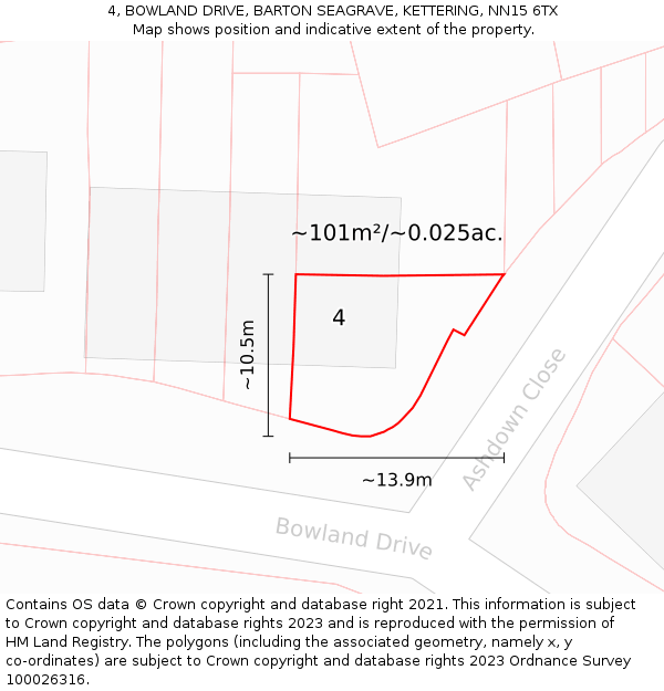 4, BOWLAND DRIVE, BARTON SEAGRAVE, KETTERING, NN15 6TX: Plot and title map