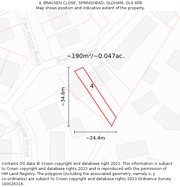 4, BRACKEN CLOSE, SPRINGHEAD, OLDHAM, OL4 4PB: Plot and title map