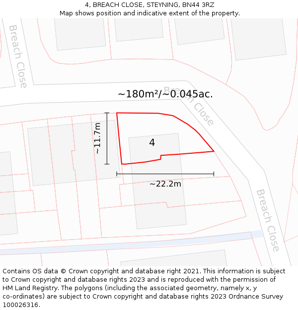4, BREACH CLOSE, STEYNING, BN44 3RZ: Plot and title map