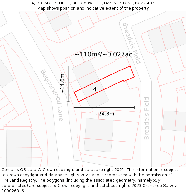 4, BREADELS FIELD, BEGGARWOOD, BASINGSTOKE, RG22 4RZ: Plot and title map