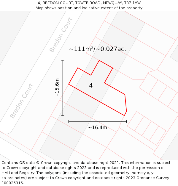 4, BREDON COURT, TOWER ROAD, NEWQUAY, TR7 1AW: Plot and title map