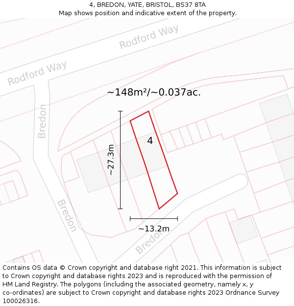 4, BREDON, YATE, BRISTOL, BS37 8TA: Plot and title map
