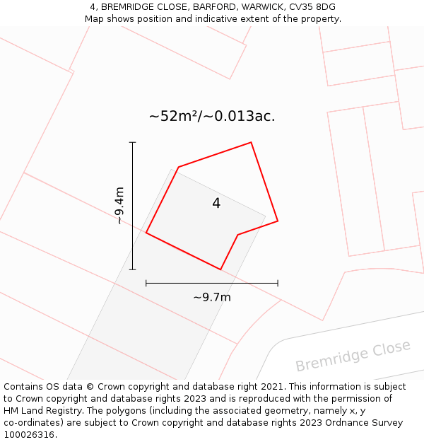 4, BREMRIDGE CLOSE, BARFORD, WARWICK, CV35 8DG: Plot and title map