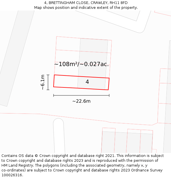 4, BRETTINGHAM CLOSE, CRAWLEY, RH11 8FD: Plot and title map