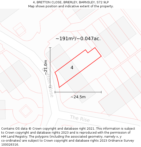 4, BRETTON CLOSE, BRIERLEY, BARNSLEY, S72 9LP: Plot and title map