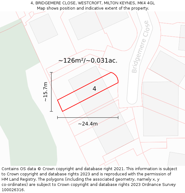 4, BRIDGEMERE CLOSE, WESTCROFT, MILTON KEYNES, MK4 4GL: Plot and title map