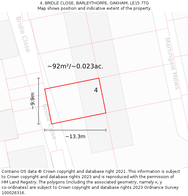 4, BRIDLE CLOSE, BARLEYTHORPE, OAKHAM, LE15 7TG: Plot and title map