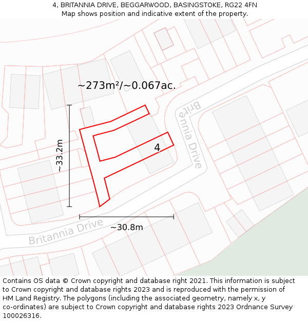 4, BRITANNIA DRIVE, BEGGARWOOD, BASINGSTOKE, RG22 4FN: Plot and title map