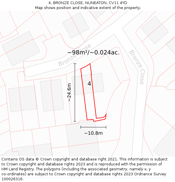 4, BRONZE CLOSE, NUNEATON, CV11 4YD: Plot and title map