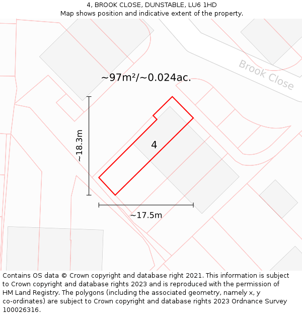 4, BROOK CLOSE, DUNSTABLE, LU6 1HD: Plot and title map