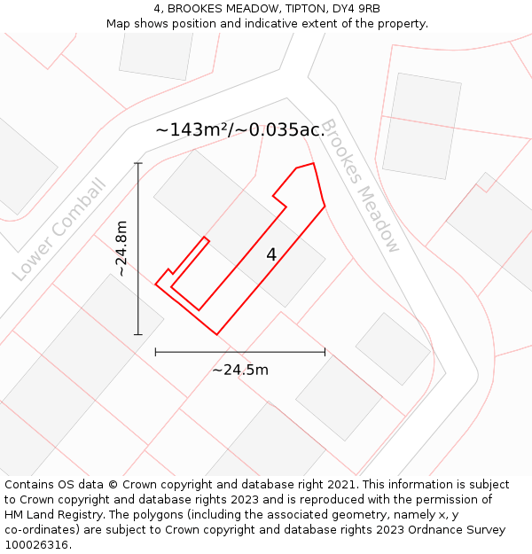 4, BROOKES MEADOW, TIPTON, DY4 9RB: Plot and title map