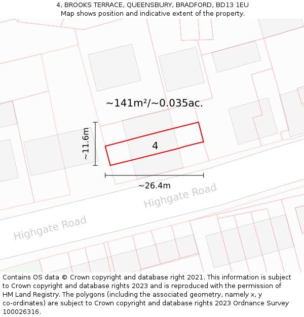 4, BROOKS TERRACE, QUEENSBURY, BRADFORD, BD13 1EU: Plot and title map