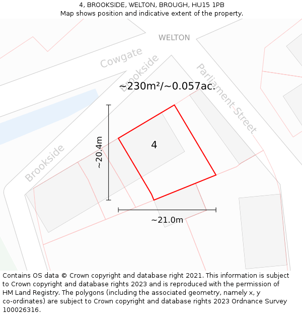 4, BROOKSIDE, WELTON, BROUGH, HU15 1PB: Plot and title map
