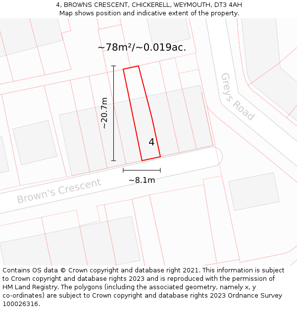 4, BROWNS CRESCENT, CHICKERELL, WEYMOUTH, DT3 4AH: Plot and title map
