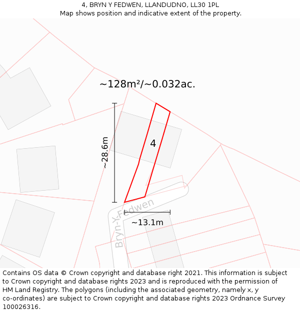 4, BRYN Y FEDWEN, LLANDUDNO, LL30 1PL: Plot and title map