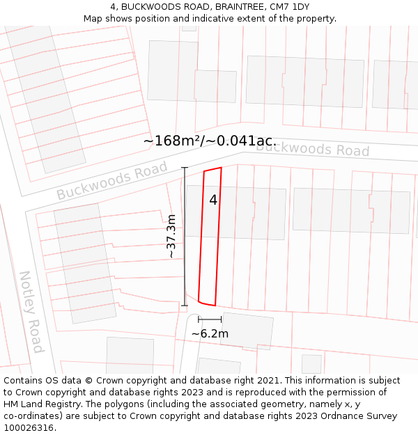 4, BUCKWOODS ROAD, BRAINTREE, CM7 1DY: Plot and title map