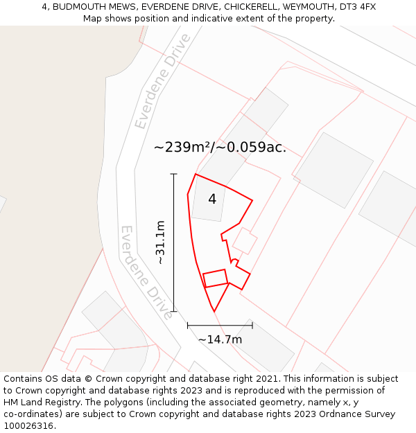 4, BUDMOUTH MEWS, EVERDENE DRIVE, CHICKERELL, WEYMOUTH, DT3 4FX: Plot and title map