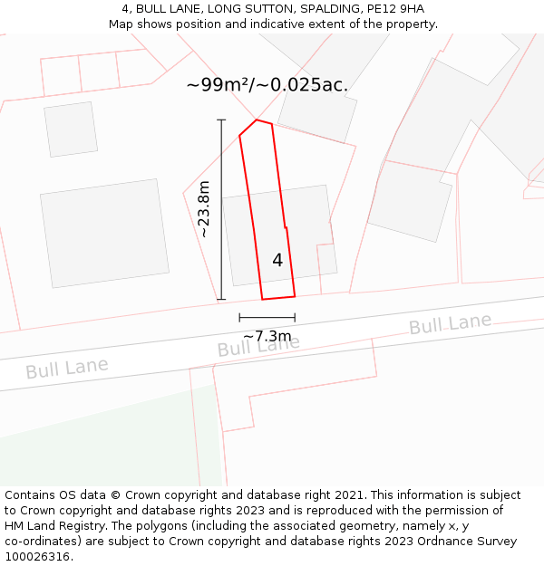 4, BULL LANE, LONG SUTTON, SPALDING, PE12 9HA: Plot and title map