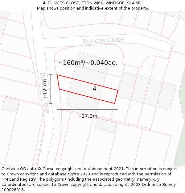4, BUNCES CLOSE, ETON WICK, WINDSOR, SL4 6PL: Plot and title map