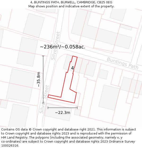 4, BUNTINGS PATH, BURWELL, CAMBRIDGE, CB25 0EG: Plot and title map